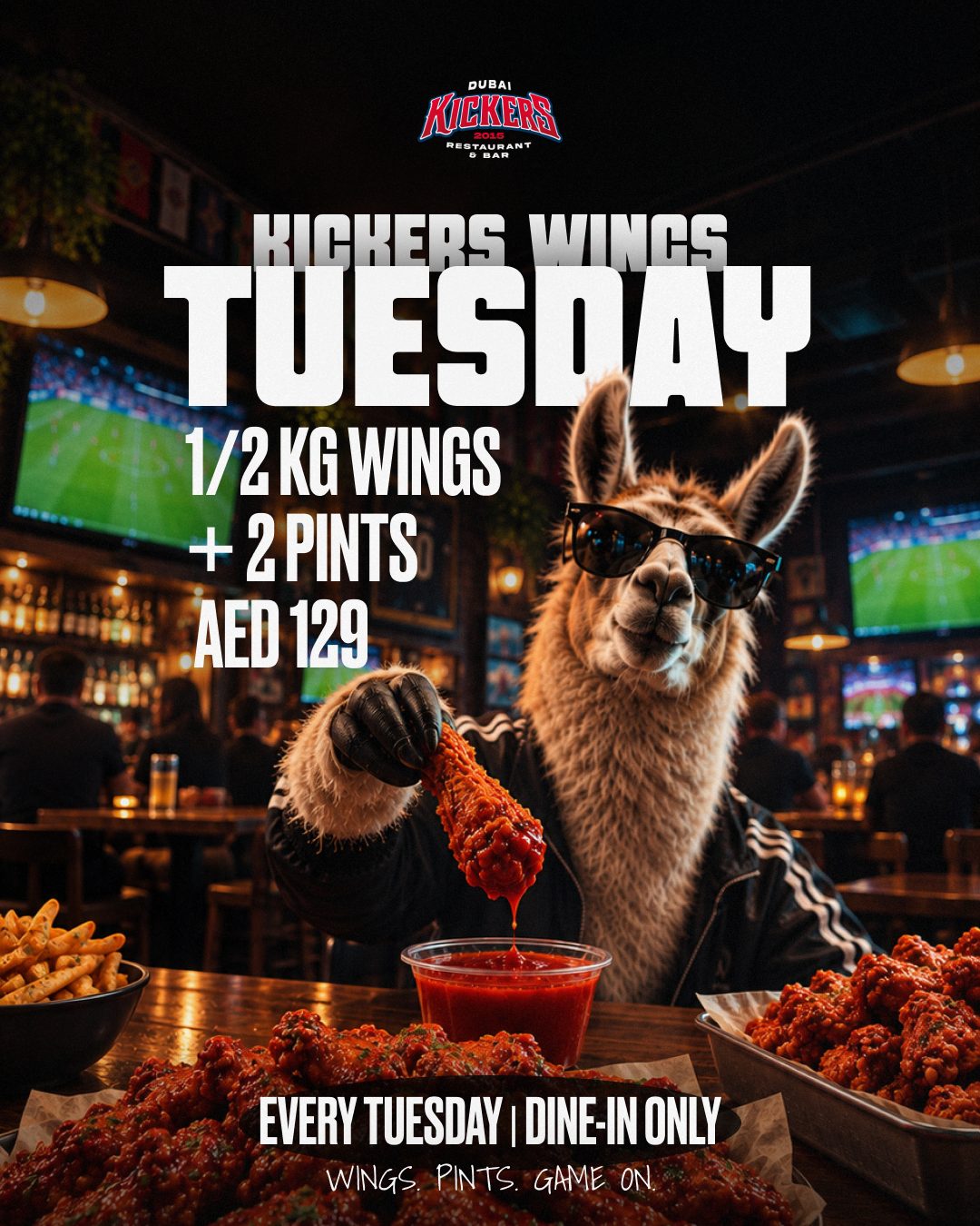 Kickers Wings Tuesday — half a kilo of wings and two pints for AED 129