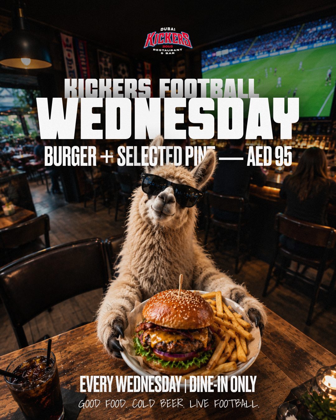 Kickers Football Wednesday — burger and a selected pint for AED 95